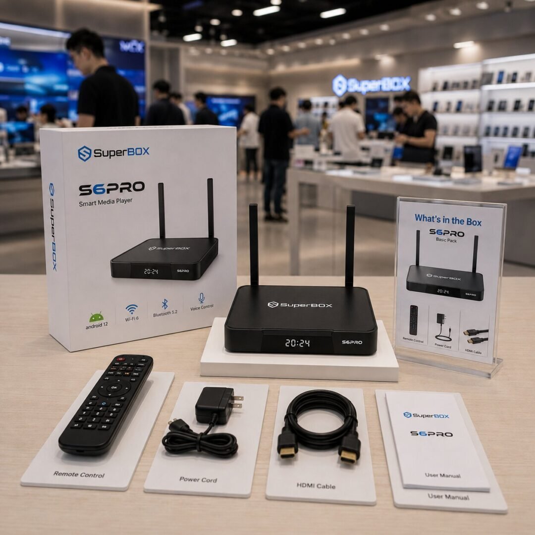 Images of the SuperBox S6 Pro are displayed at the SuperBox TV Box Store showroom