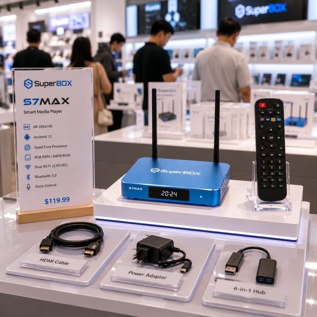 Images of the SuperBox S7 Max are displayed at the SuperBox TV Box Store showroom