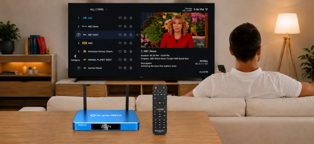 SuperBox S6 Max Blue TV app for live television and premium channels