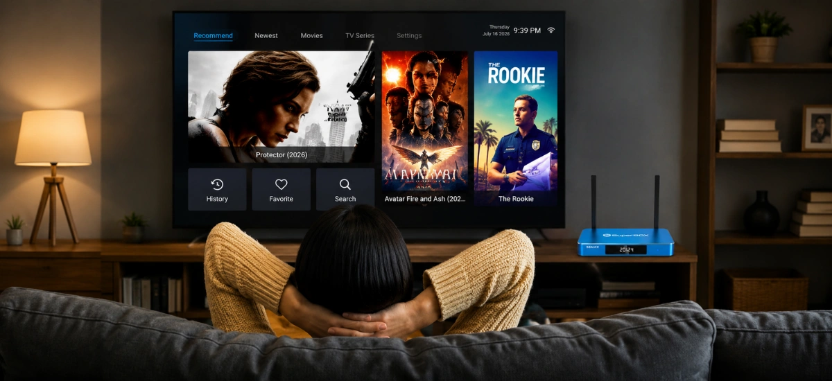 SuperBox S6 Max Blue VOD streaming service with movies and TV series