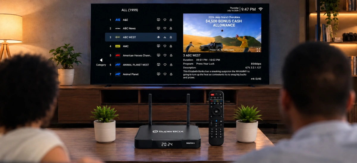 SuperBox S6 Pro Blue TV streaming app with live channels and premium entertainment