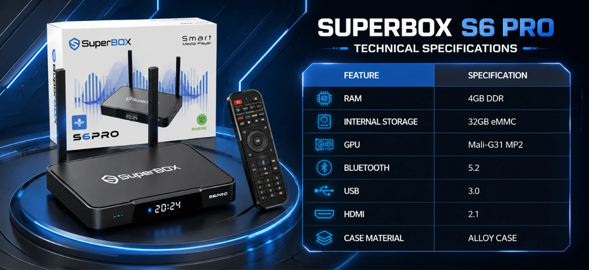 SuperBox S6 Pro hardware specifications featuring Android 12 WiFi 6 and HDMI output