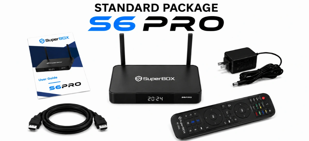 SuperBox S6 Pro retail package including TV box remote power adapter and HDMI cable
