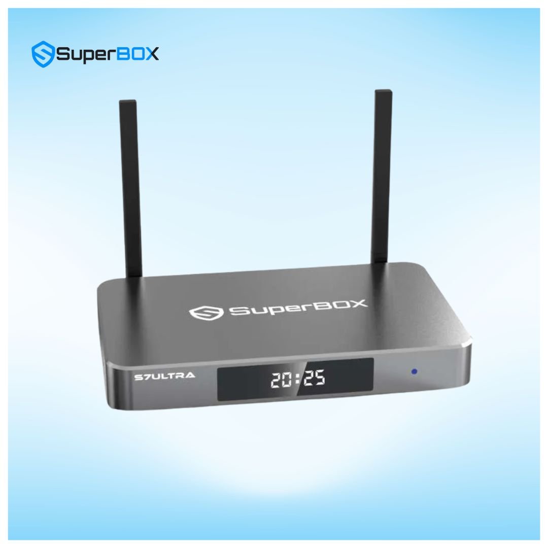 SuperBox S7 Ultra Android TV box angled front view with 6K streaming support