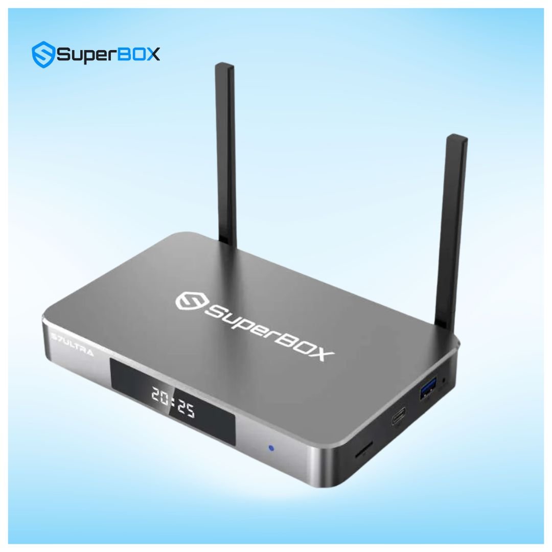 SuperBox S7 Ultra TV box front left angle view with dual WiFi antennas and LED display