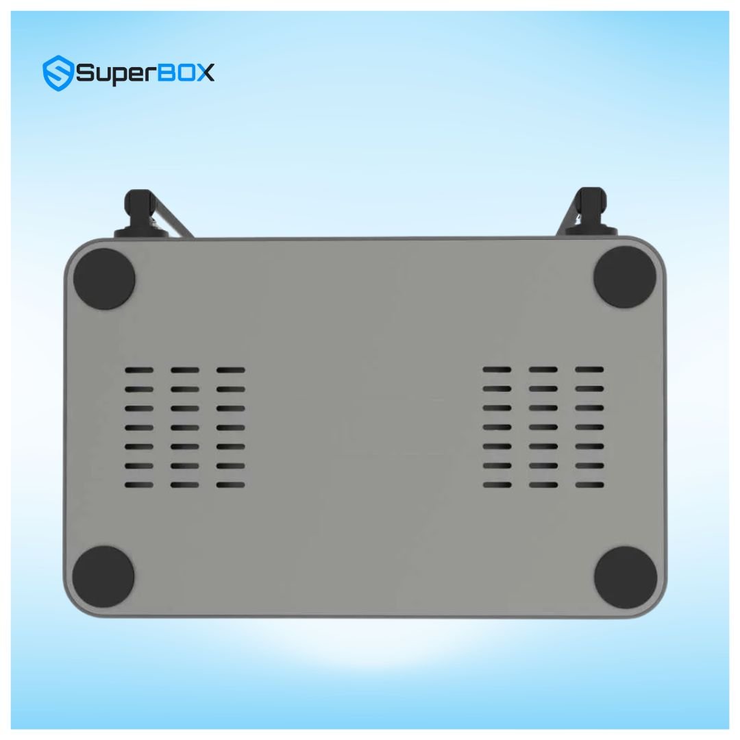 SuperBox S7 Ultra bottom view showing cooling vents and anti slip feet