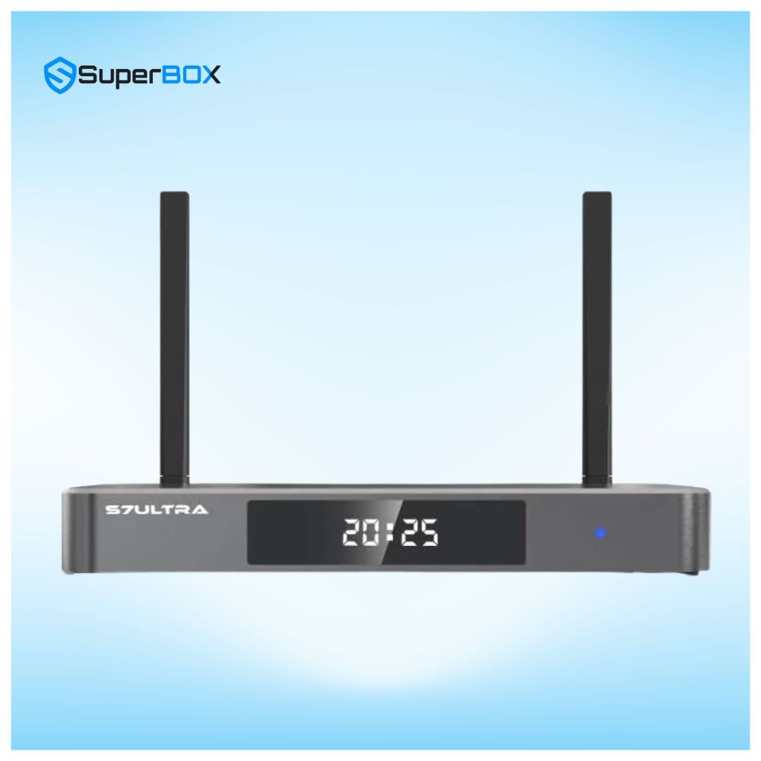 SuperBox S7 Ultra front panel design with LED clock display and premium finish