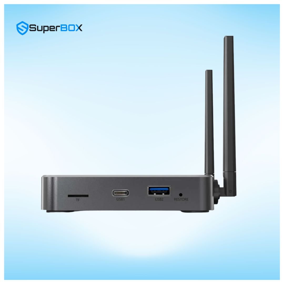 SuperBox S7 Ultra left side ports with USB connection and dual antenna setup