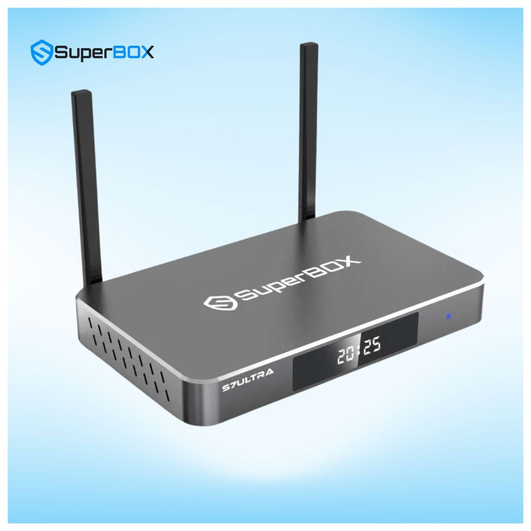 SuperBox S7 Ultra media player side perspective with dual external WiFi antennas