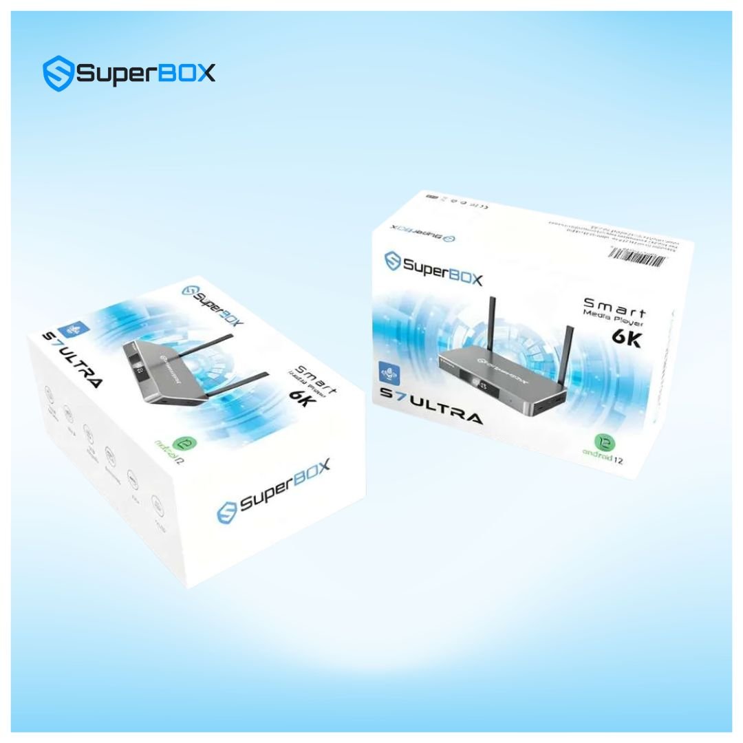 SuperBox S7 Ultra package box set displayed from multiple viewing angles