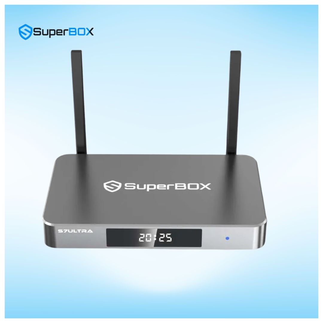 SuperBox S7 Ultra streaming device front view showing digital LED screen and dual antennas
