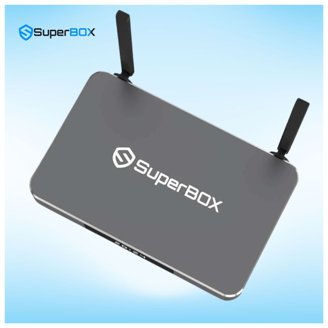 SuperBox S7 Ultra top view with premium metallic finish and dual WiFi antennas