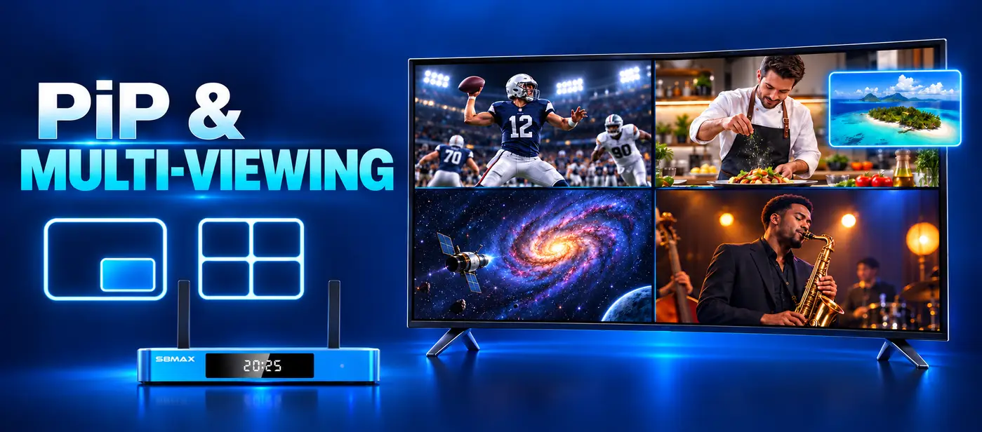 SuperBox S8 multi-viewing and time shift media controls on television screen