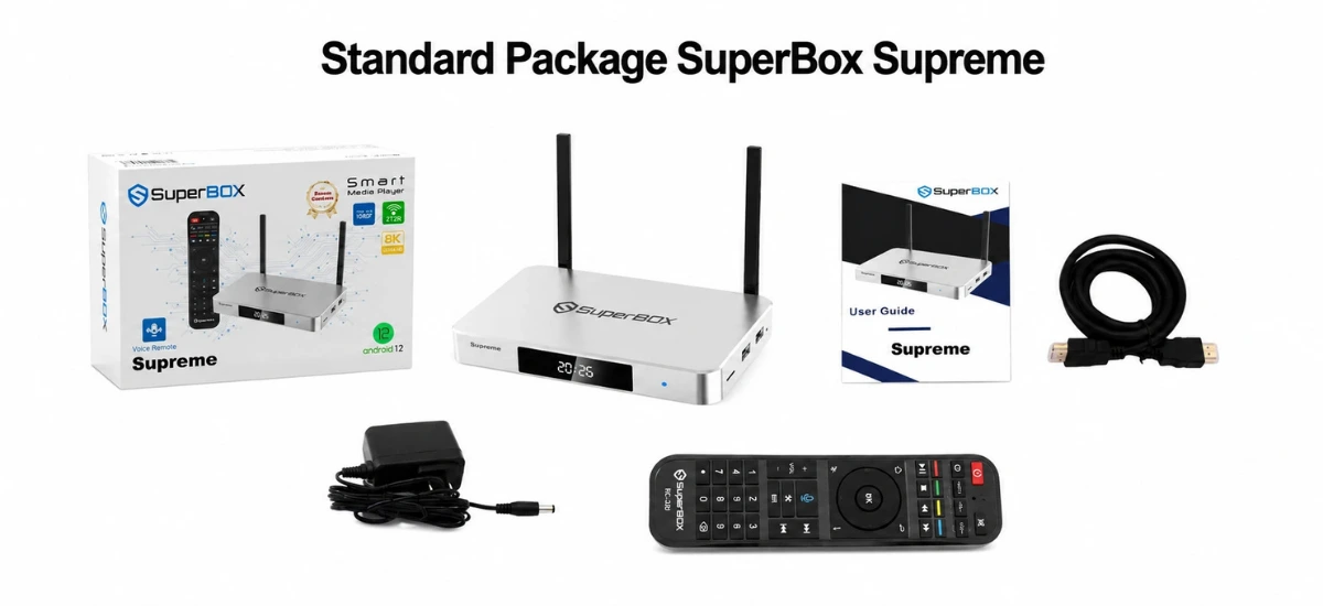 SuperBox Supreme retail package including TV box remote power adapter and HDMI cable