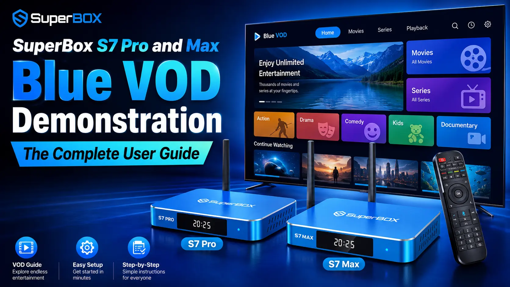 Blue VOD application interface and movie catalog on SuperBox S7