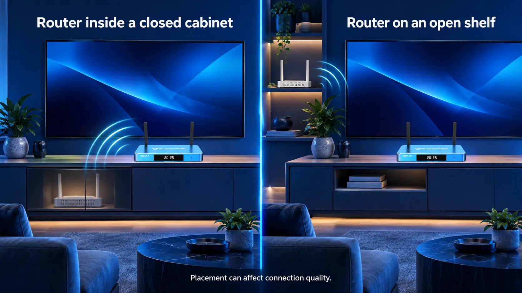 Router placement comparison in modern TV rooms