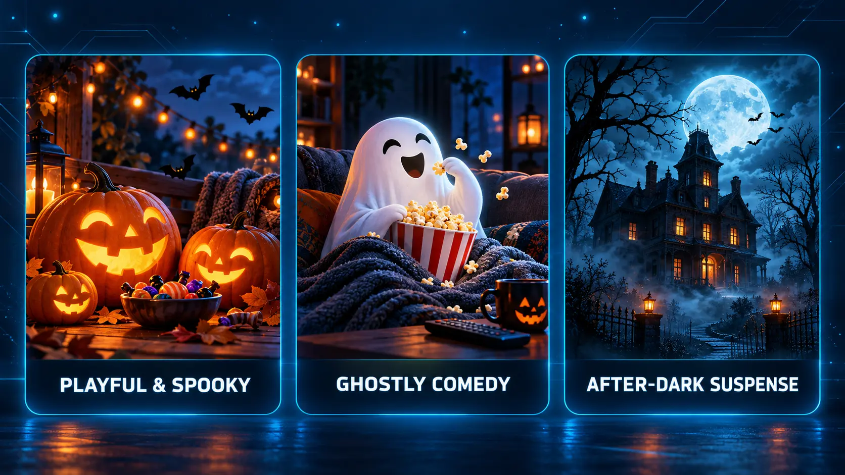 Halloween Movie Night 2026: Create a Cozy Home Theater with SuperBox 14 Three cinematic Halloween movie night moods
