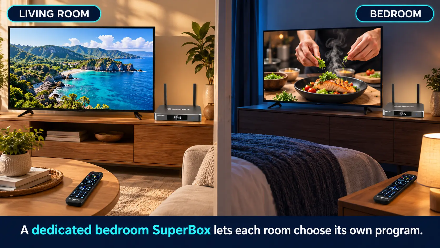 SuperBox for Your Bedroom TV: What to Consider Before Buying 14 Two rooms two screens separate choices